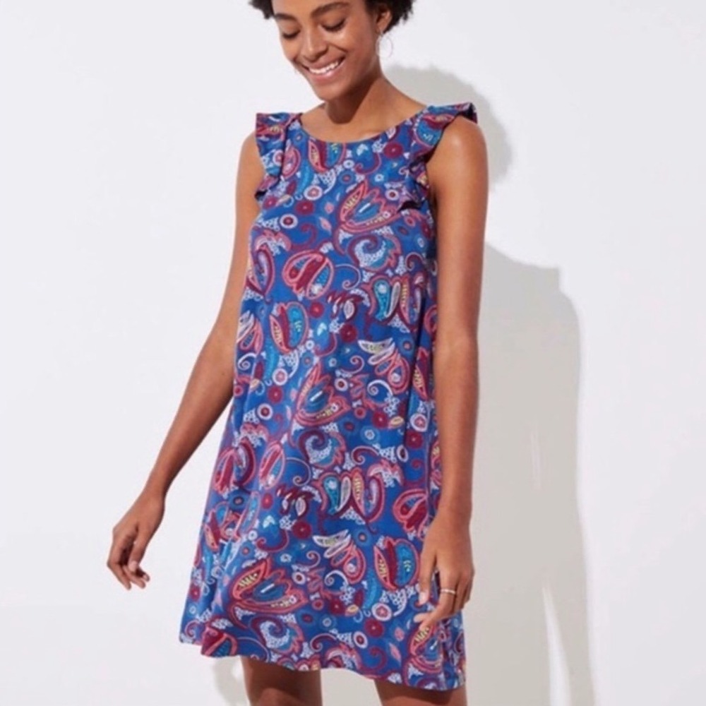 LOFT‎ Womens Blue Paisley Ruffle Sleeve Crisscross Back Shift Mini Dress Size M